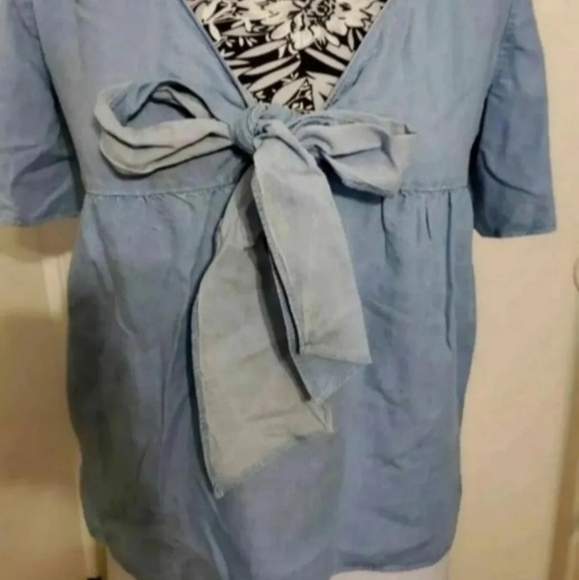 Mossimo tie to neckline chambray blouse soft denim boho blouse - Picture 8 of 8